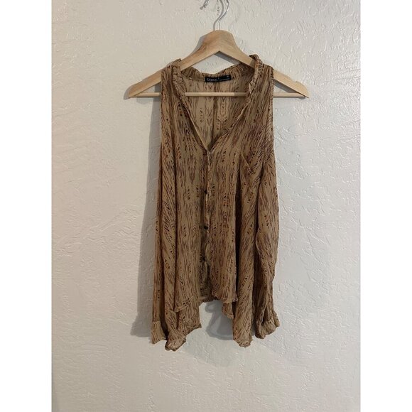 Gypsy 05 Tops - Y Gypsy 05 100% Silk Hippie 70’s Style Tan Cold Shoulder Button Up Blouse